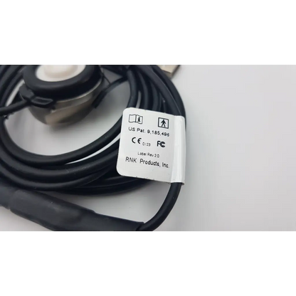 Black coiled cable with white label for telehealth technologies pcp-usb stethoscope by rnk products inc with regulatory markings