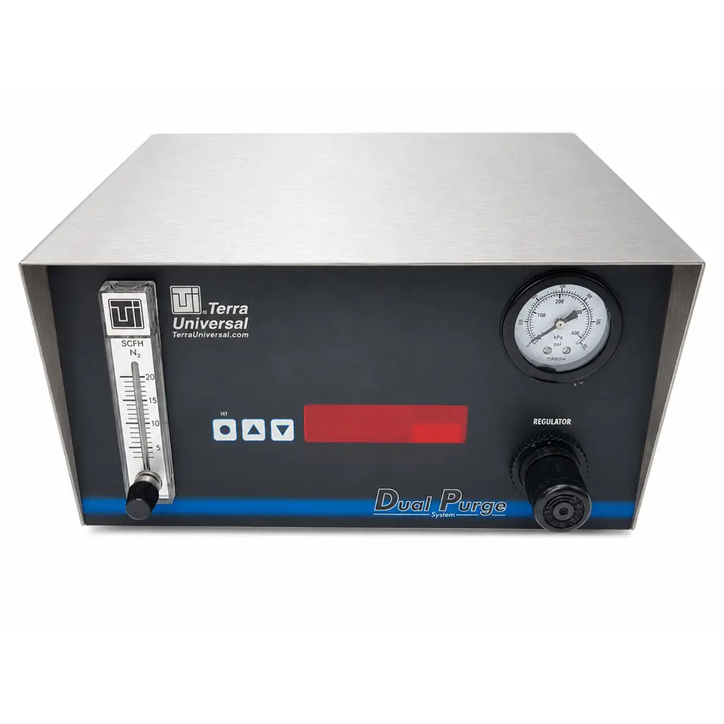 Silver stainless steel terra universal 1603-57 dual purge system biomed certified with black panel and digital display