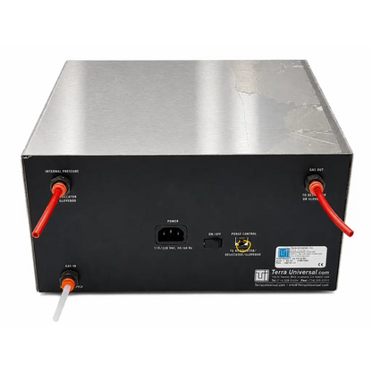 Back of silver metallic terra universal 1603-57 dual purge system with black panel and biomed certified label