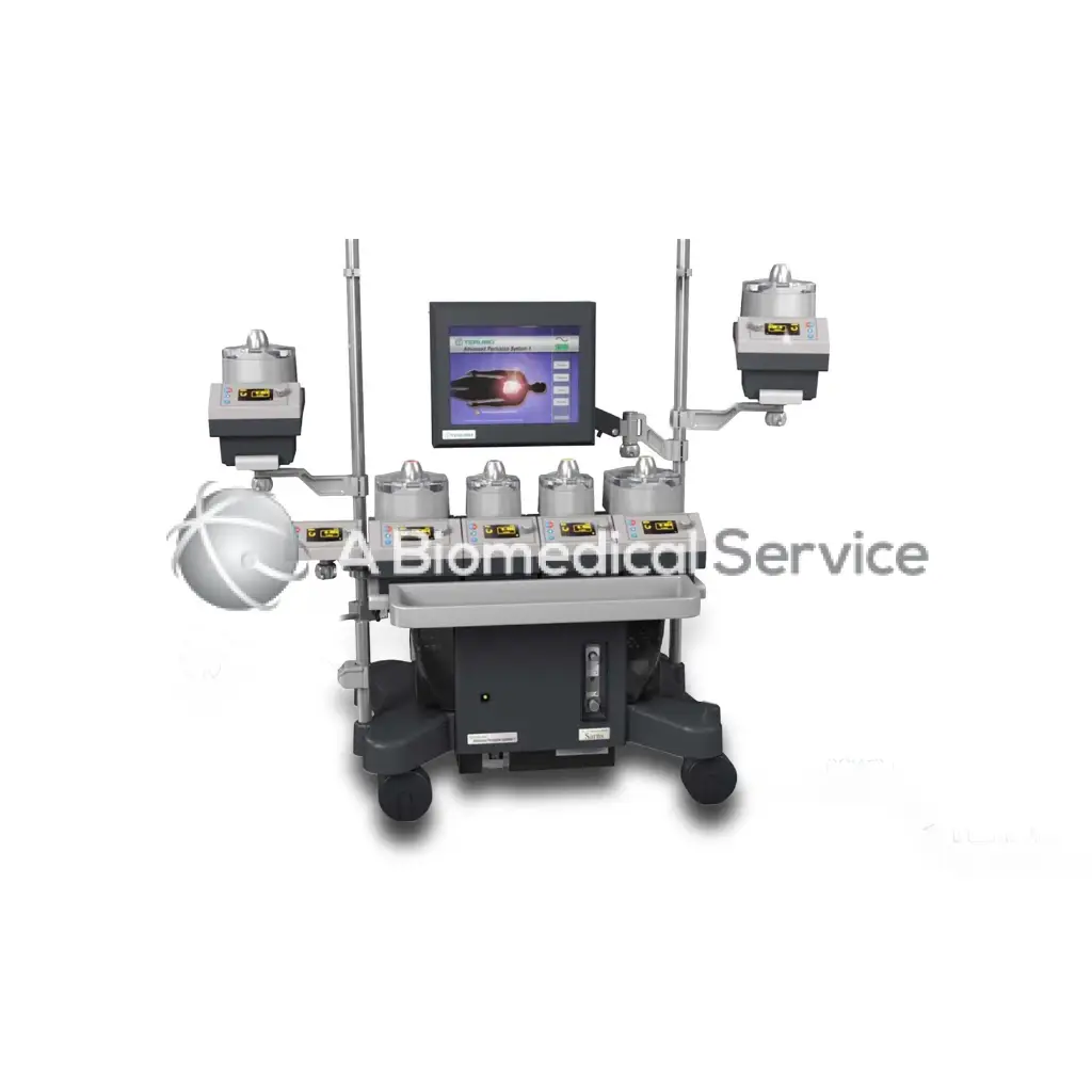 Gray and black terumo sarns system 1 heart lung machine with multiple cylindrical units and central monitor displaying anatomy