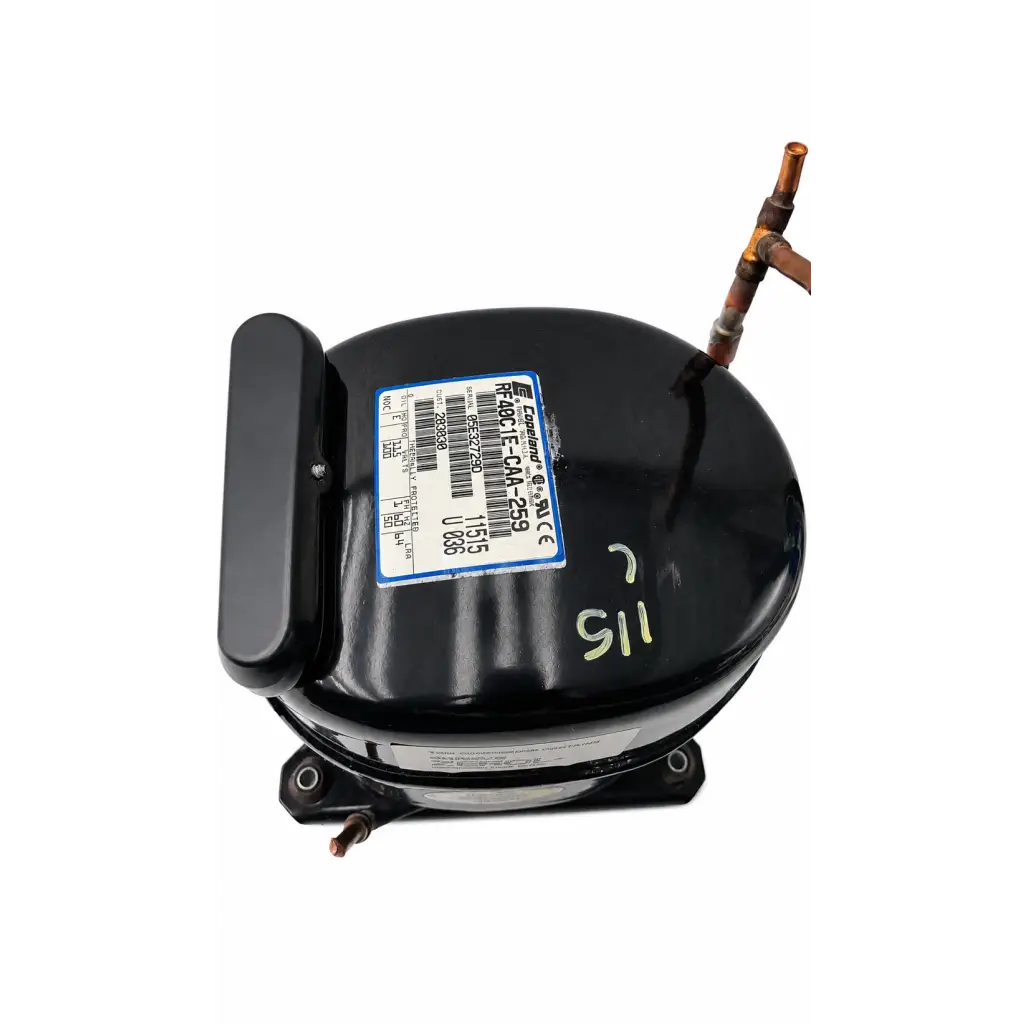 Black cylindrical ultra-low temperature compressor assembly with copper tubing and biomed certified label r407c-ca-259