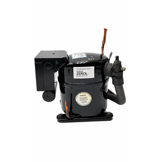 Black cylindrical refrigeration compressor assembly with copper tubing and zerol sticker for ultra-low temperature use