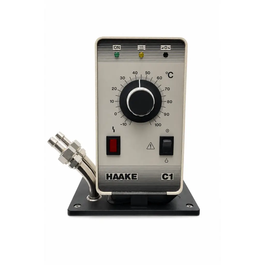 Thermo haake k20 c1 biomed certified circulating bath with black rotary dial red power button and silver tubing attachments