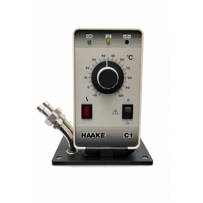 Thermo haake k20 c1 biomed certified circulating bath with black rotary dial red power button and silver tubing attachments