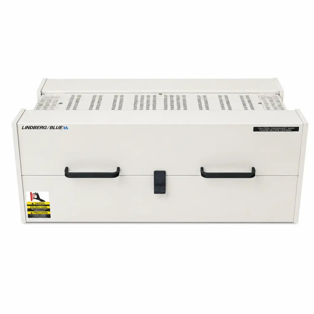 White lindberg blue htf55347c industrial tube furnace cabinet with black handles and central latch for high temperatures