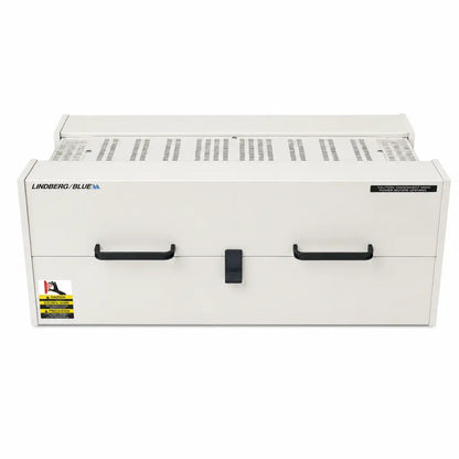White lindberg blue htf55347c industrial tube furnace cabinet with black handles and central latch for high temperatures