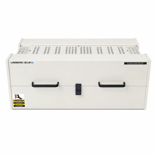 White lindberg blue htf55347c industrial tube furnace cabinet with black handles and central latch for high temperatures