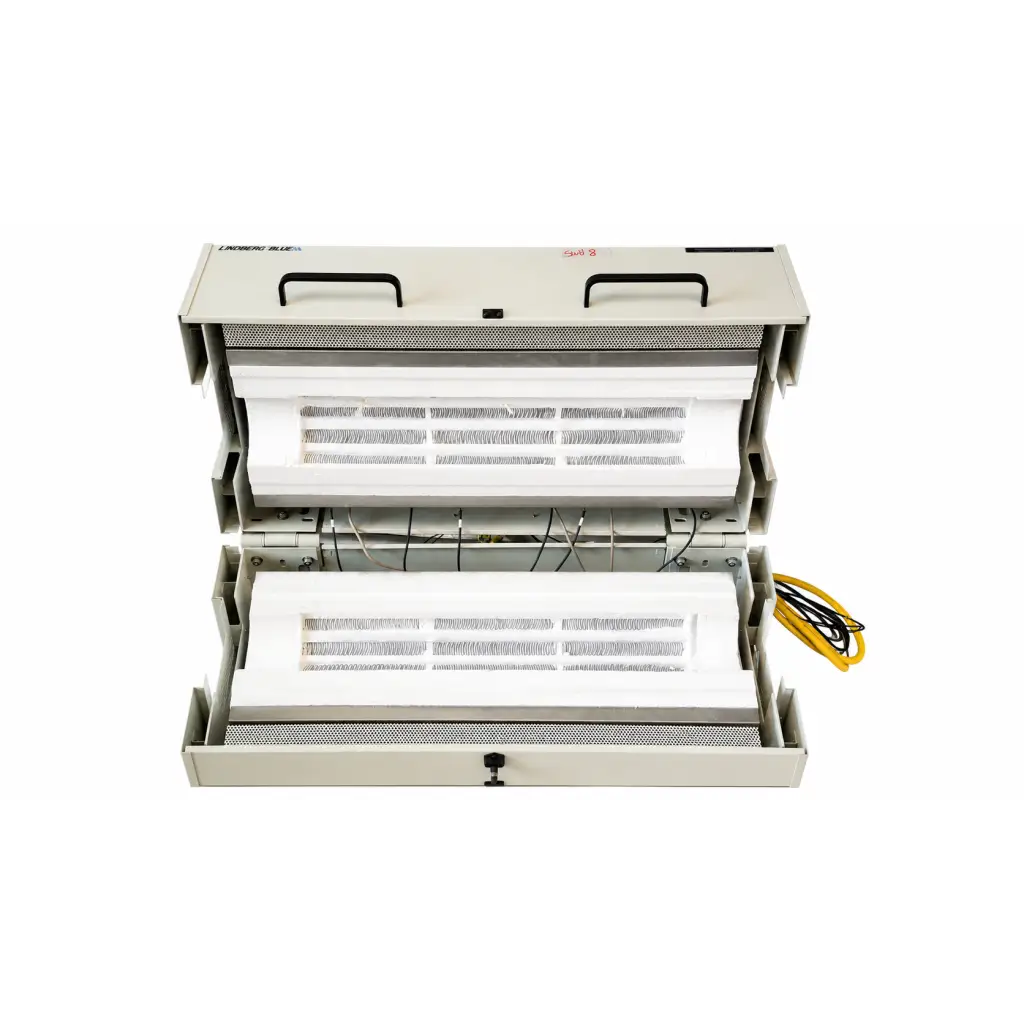 Silver metallic fiber optic patch panel with black handles and white trays holding organized cables for biomed certified lindberg blue htf55347c furnace