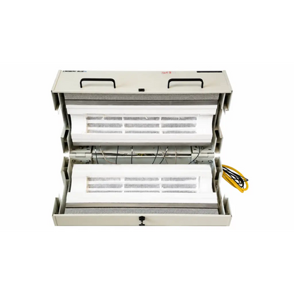 Silver metallic fiber optic patch panel with black handles and white trays holding organized cables for biomed certified lindberg blue htf55347c furnace