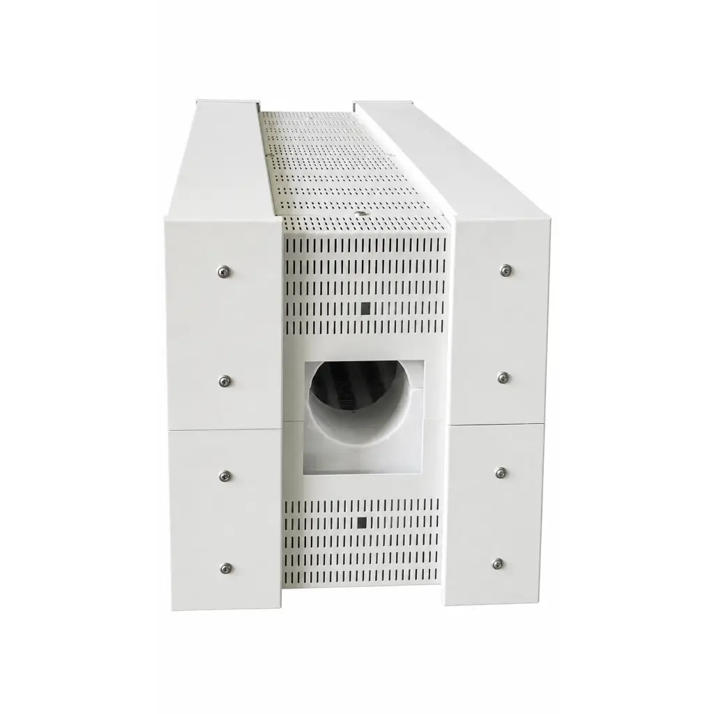 White rectangular industrial ventilation unit with perforated metal panels and central opening for lindberg blue htf55347c biomed certified furnace
