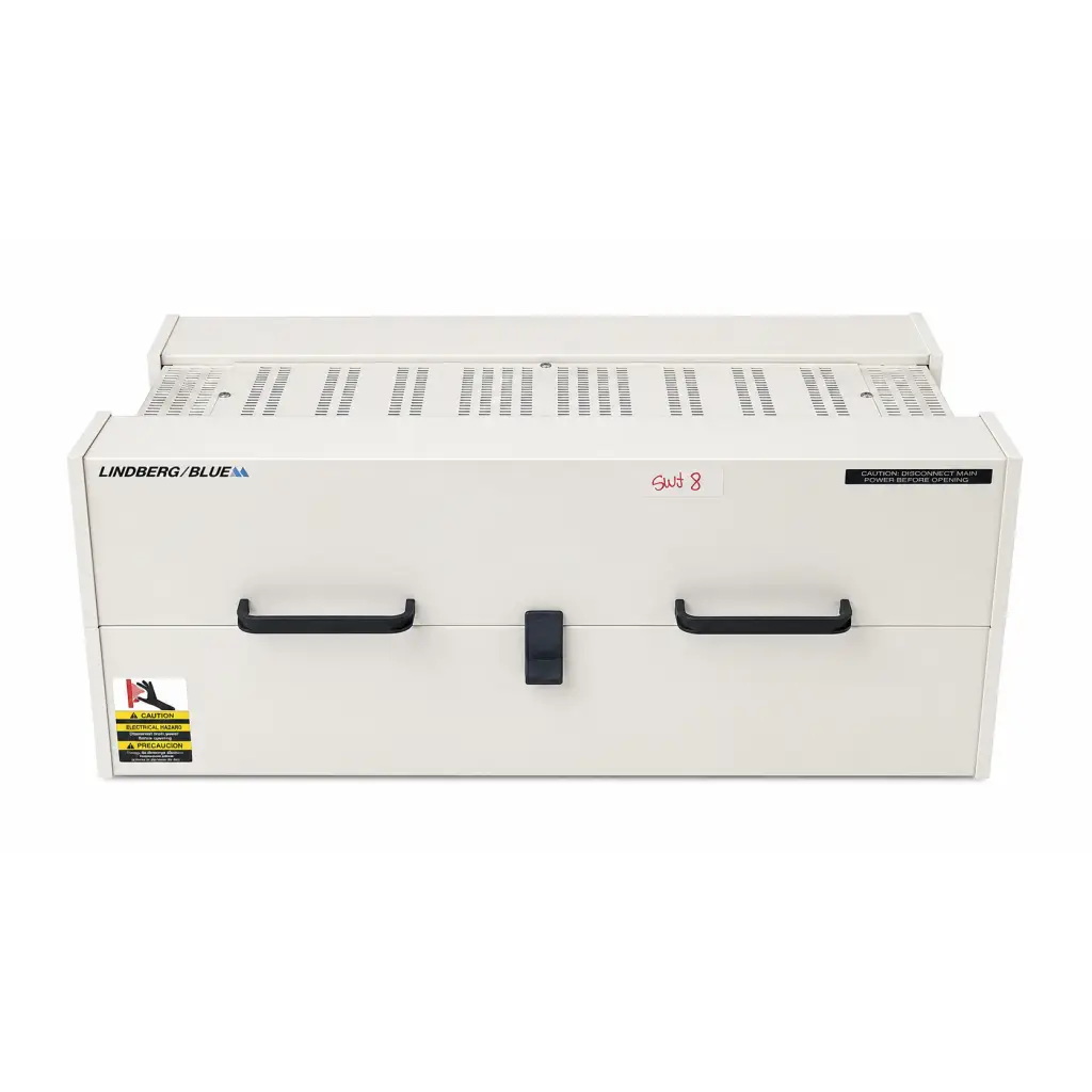 White lindberg blue medical equipment cabinet with black handles and central latch on biomed certified htf55347c furnace
