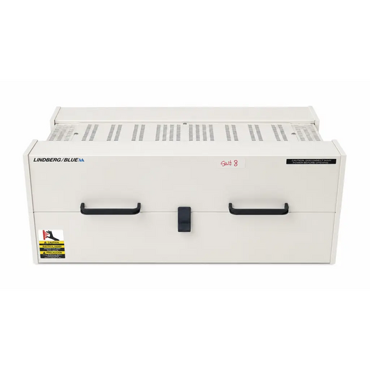 White lindberg blue medical equipment cabinet with black handles and central latch on biomed certified htf55347c furnace
