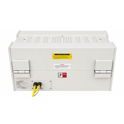 White industrial power supply unit with yellow warning label and black cables at back of biomed certified lindberg blue htf55347c furnace