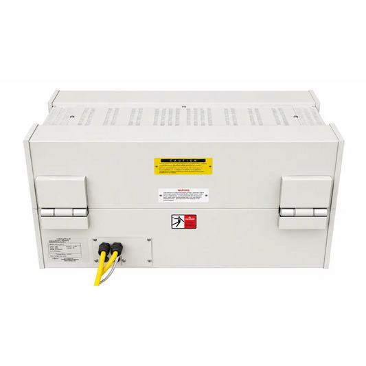 White industrial power supply unit with yellow warning label and black cables at back of biomed certified lindberg blue htf55347c furnace