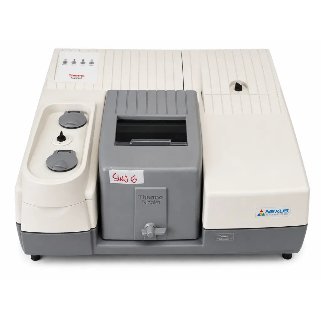 Gray and white thermo nicolet nexus 670 ft-ir spectrometer with ribbed housing and control knobs biomed certified