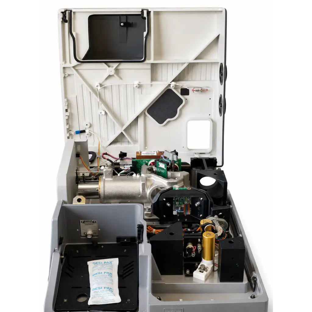 Gray and black thermo nicolet nexus 670 biomed certified ft-ir spectrometer with metallic parts and desi pak desiccant packet