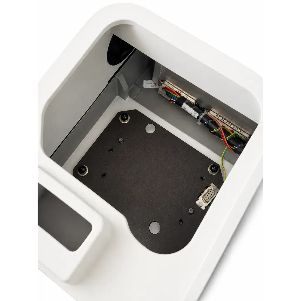 White plastic enclosure with black mounting plate and colored wires inside biomed certified thermo nicolet ft-ir spectrometer