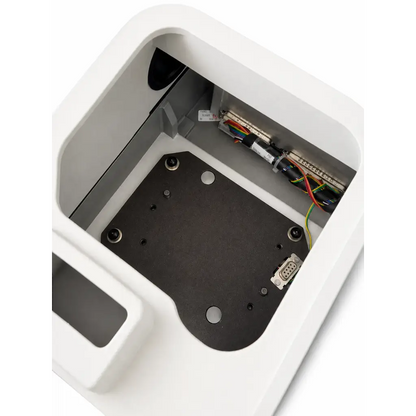 White plastic enclosure with black mounting plate and colored wires inside biomed certified thermo nicolet ft-ir spectrometer