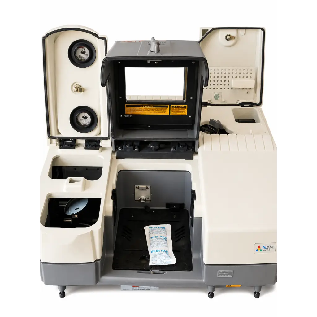 Beige and gray thermo nicolet nexus 670 biomed certified ft-ir spectrometer with open hinged doors showing internal components