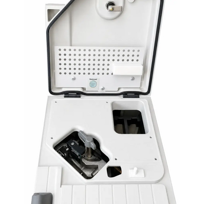 White plastic dehumidifier with perforated tray and internal mechanical parts in biomed certified thermo nicolet ft-ir spectrometer
