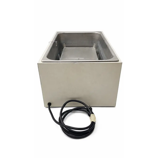 Stainless steel rectangular immersion heater with coiled black power cord for laboratory water bath