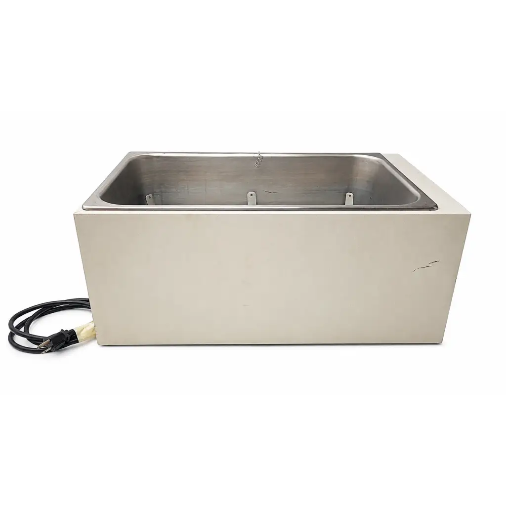 Stainless steel rectangular thermoprecision 180 series analog laboratory water bath with beige exterior and black cord biomed certified