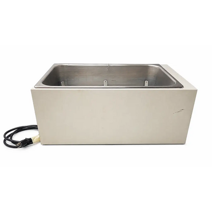 Stainless steel rectangular thermoprecision 180 series analog laboratory water bath with beige exterior and black cord biomed certified