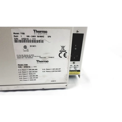 White thermo scientific barnstead nanopure purification system model 7150 with black control panel and detailed label
