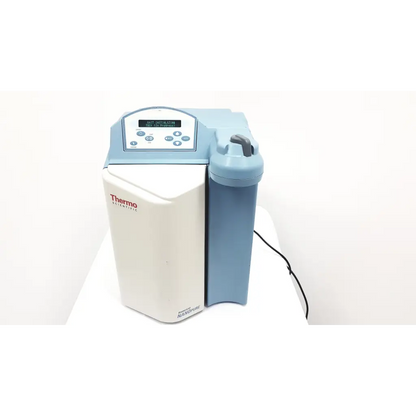 Thermo scientific barnstead nanopure purification system model 7150 with white and light blue plastic housing for lab water purification