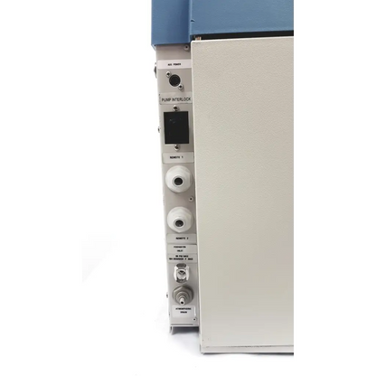 Gray and blue industrial control panel with labeled ports and display screen on thermo scientific barnstead nanopure purification system model 7150