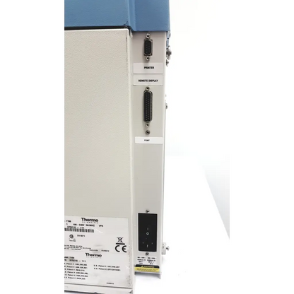 Back view of white and blue thermo scientific barnstead nanopure purification system model 7150 with labeled ports printer remote display and flint