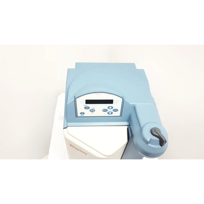 Light blue and white laboratory centrifuge with digital display and control buttons from thermo scientific barnstead nanopure purification system model 7150