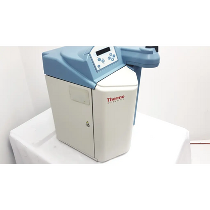 A sleek white and light blue thermo scientific barnstead nanopure purification system with digital control panel model 7150
