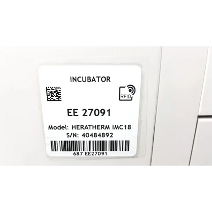 White label on the back of thermo scientific heratherm imc18 incubator showing model and serial number details