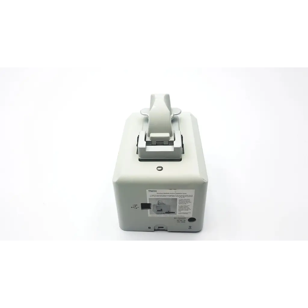 Light gray rectangular thermo scientific nanodrop 2000 uv-vis spectrophotometer back with handle and label visible