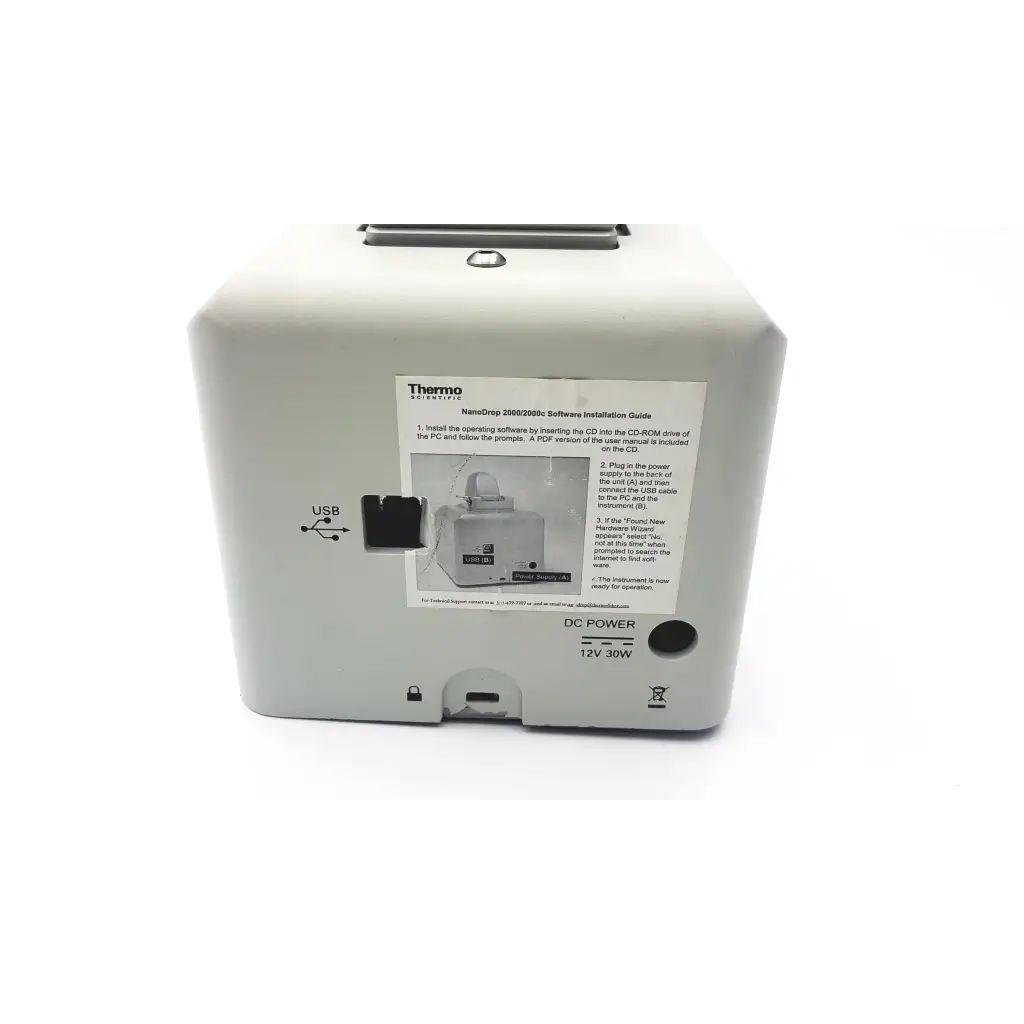 Back side of white thermo scientific nanodrop 2800 3500 spectrophotometer with usb port and 12v 30w dc power input