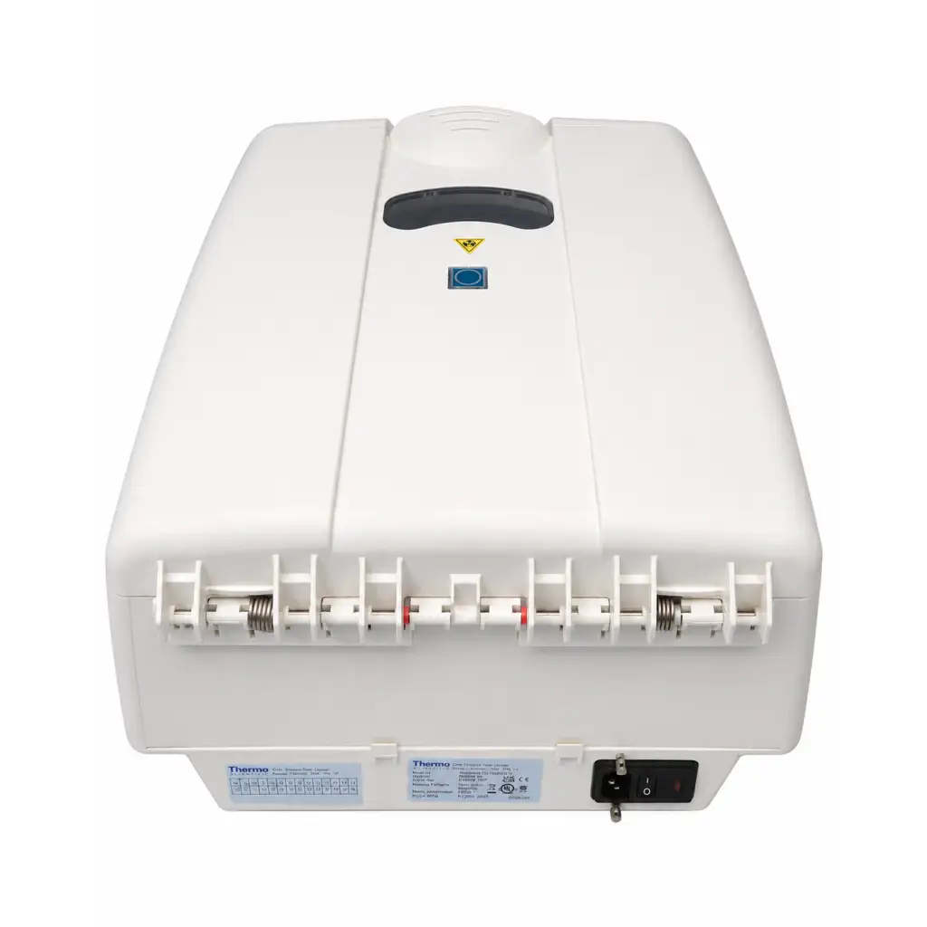 White thermo scientific shandon cytospin 4 cytocentrifuge with black handle and labeled control panels for lab use