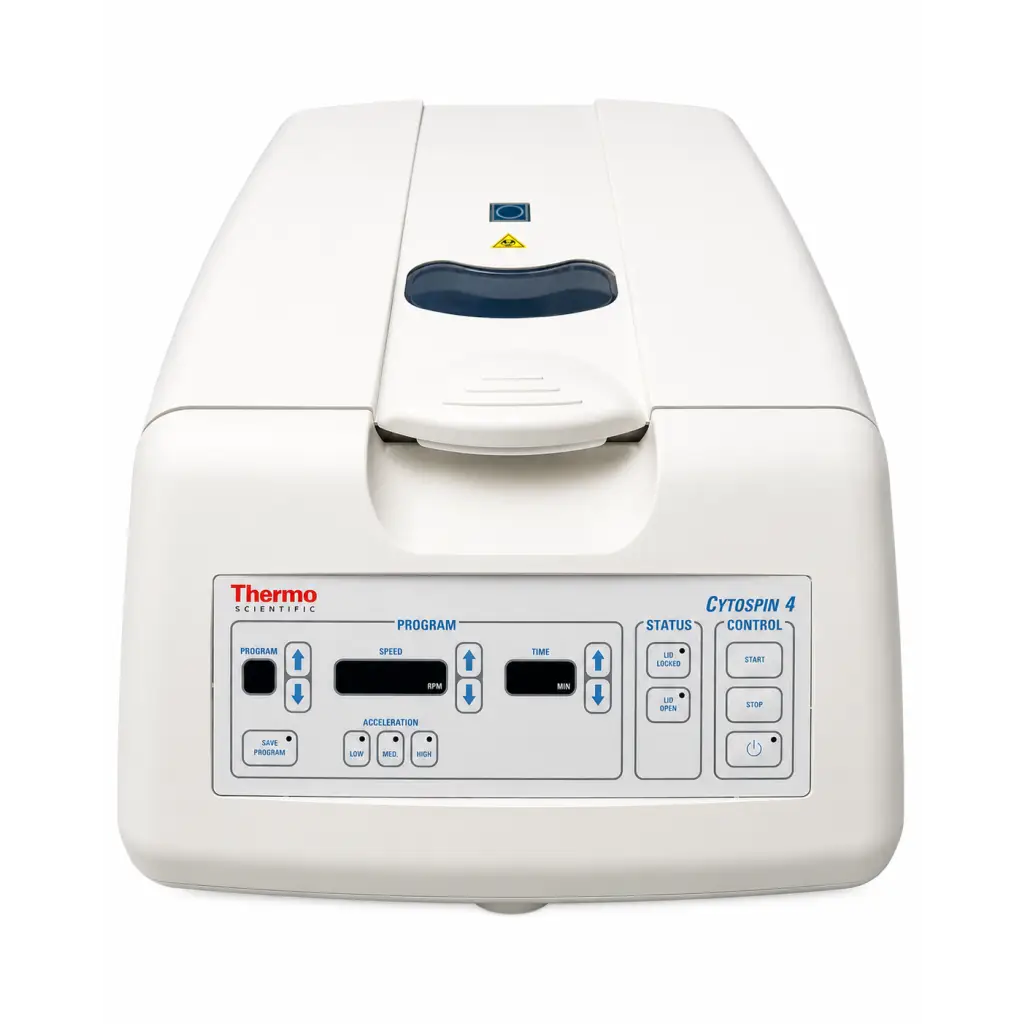 White thermo scientific shandon cytospin 4 cytocentrifuge with modern control panel and labeled program buttons