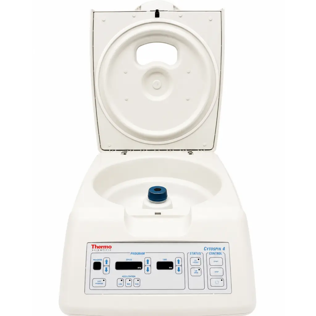 White thermo scientific shandon cytospin 4 cytocentrifuge with blue rotor cap and control panel for lab processing