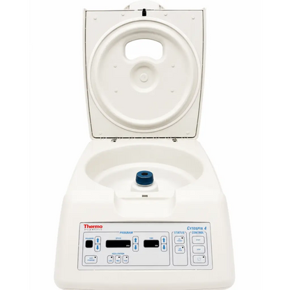 White thermo scientific shandon cytospin 4 cytocentrifuge with blue rotor cap and control panel for lab processing