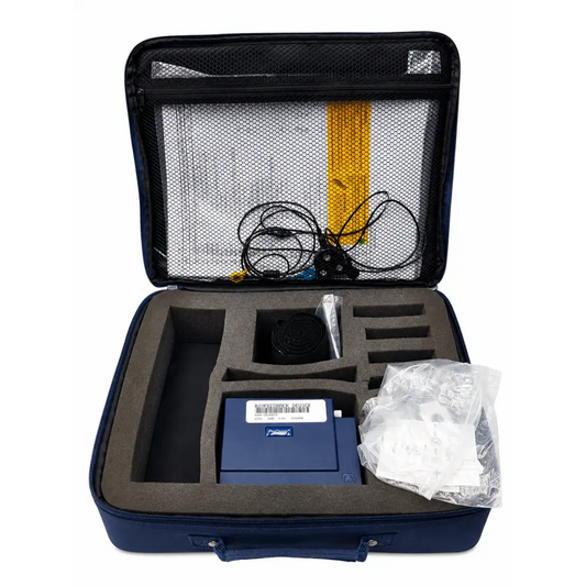 Blue foam-lined carrying case with procomp biofeedback device fiber optic blue unit cables and documentation inside