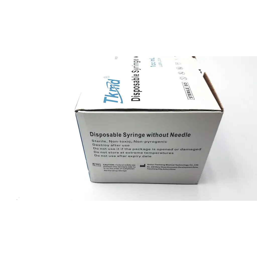 White cardboard box for tkmd disposable syringe without needle 1cc ml 100pcs with tkmd disposable branding