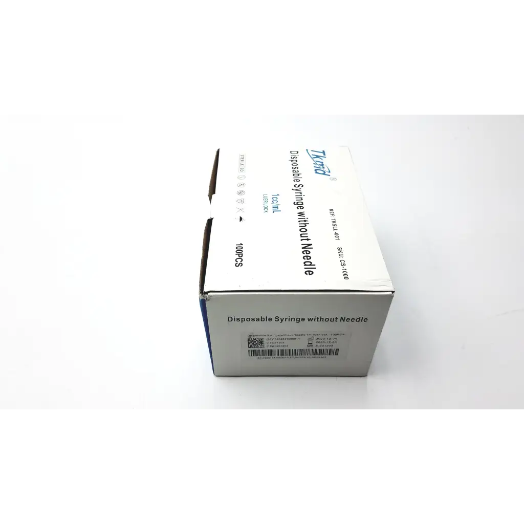White cardboard box of tkmd disposable syringe without needle 1cc ml 100pcs by takeda containing disposable syringes