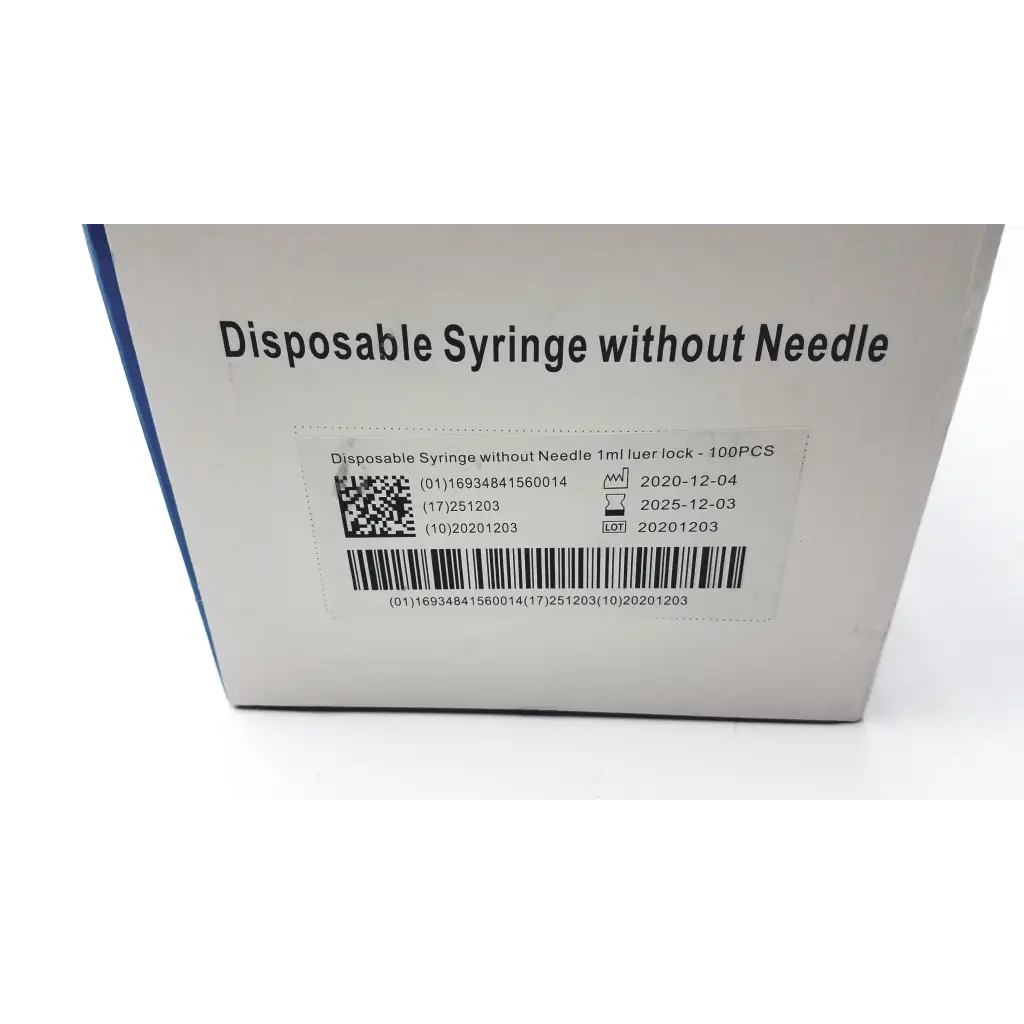 White cardboard box of tkmd disposable syringe without needle 1cc ml 100pcs showing product details and barcode