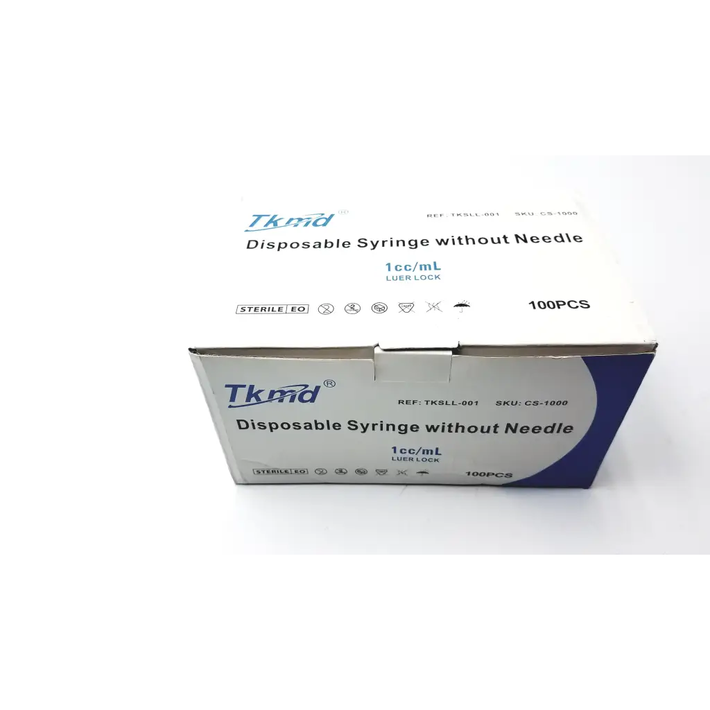 White and blue cardboard box of tkmd disposable syringe without needle 1cc ml 100pcs for medical use