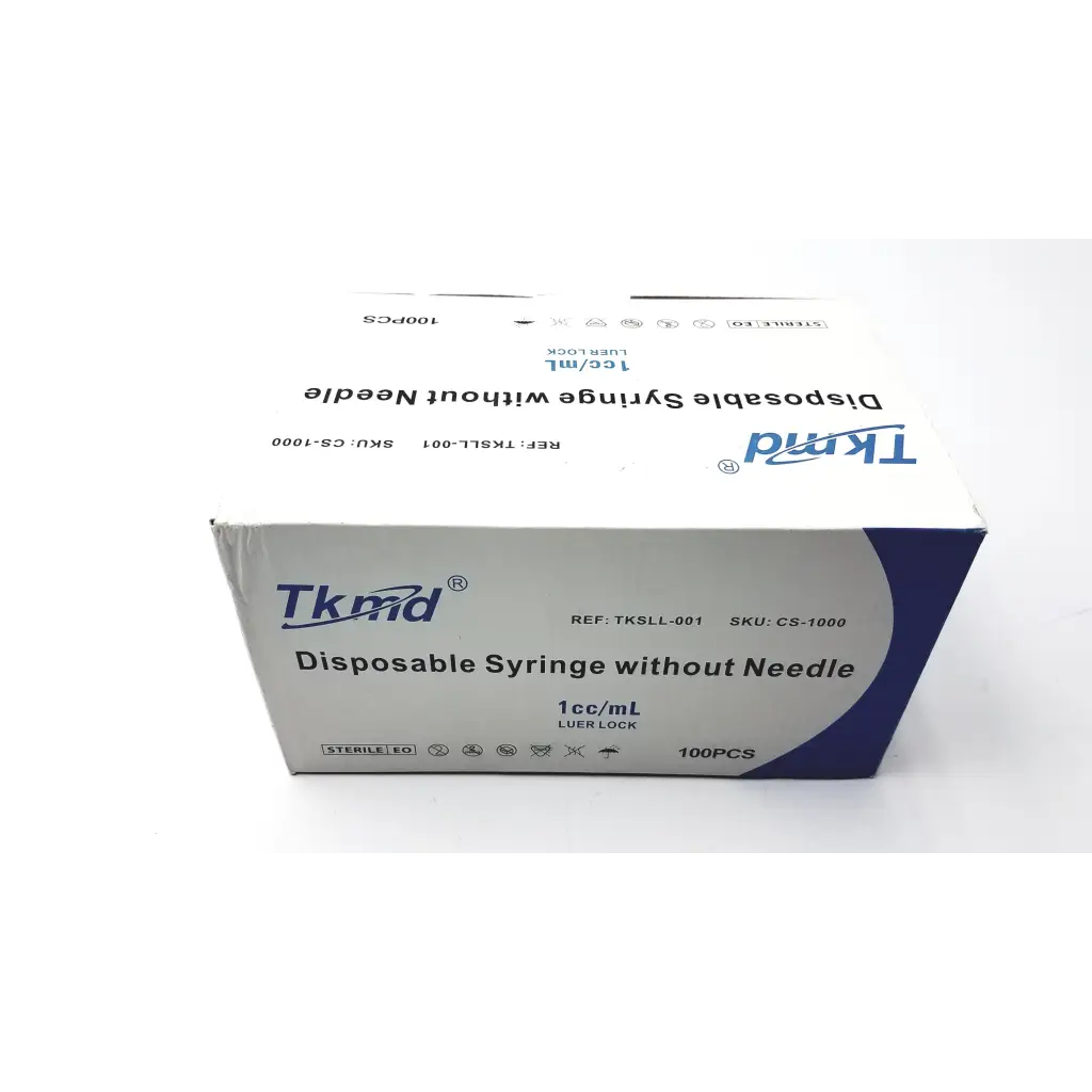 White and blue cardboard box of tkmd disposable syringe without needle 1cc ml capacity 100pcs pack