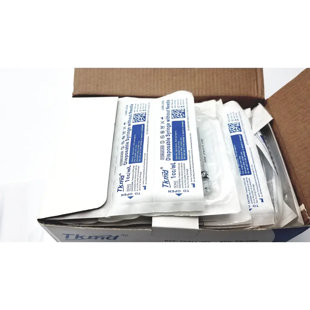 Tkmd disposable syringe without needle 1cc ml 100pcs individually packaged in sterile white and blue foil wrappers