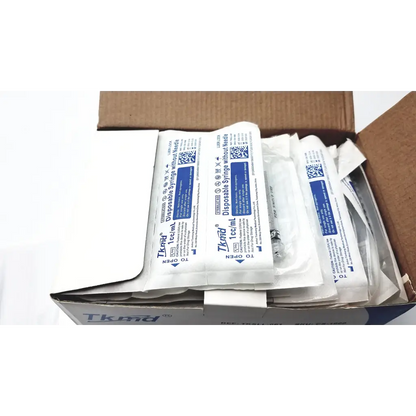 Tkmd disposable syringe without needle 1cc ml 100pcs individually packaged in sterile white and blue foil wrappers