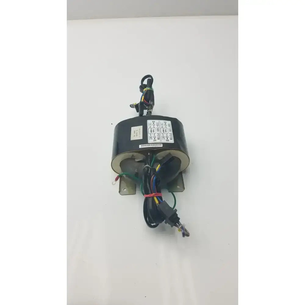 Black cylindrical electrical transformer with colored wires and metal bracket for 220v-240v system tohsei ind 3h30015-0