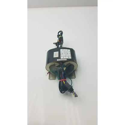 Black cylindrical electrical transformer with colored wires and metal bracket for 220v-240v system tohsei ind 3h30015-0